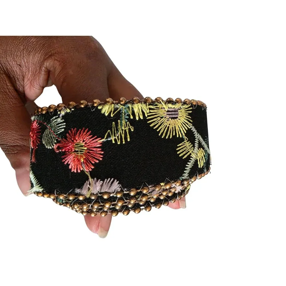 Embroidered Floral Western Belt Gold Engraved Buckle Boho Wildflower Black
